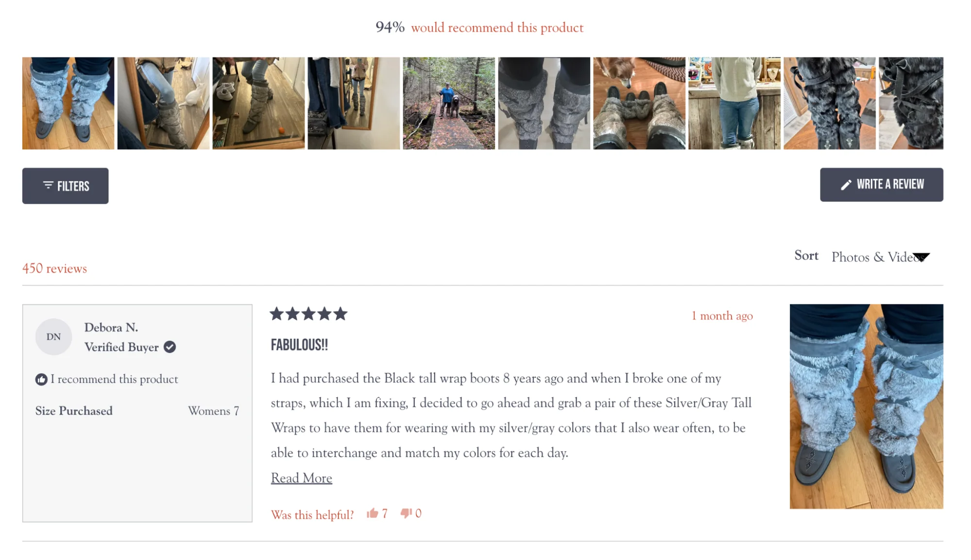 Manitobah Mukluks product page with a library of user-generated photos alongside product reviews.