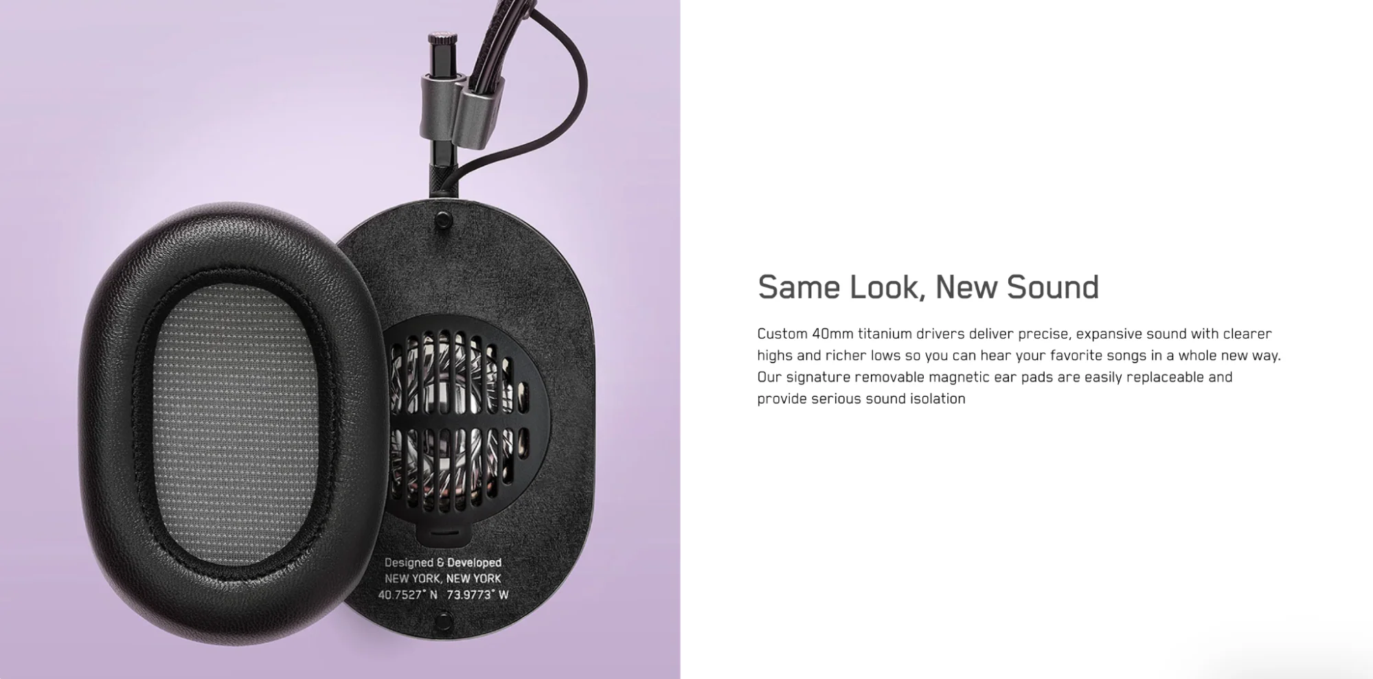 Master and Dynamic's headphones product pages includes descriptions highlighting product features.