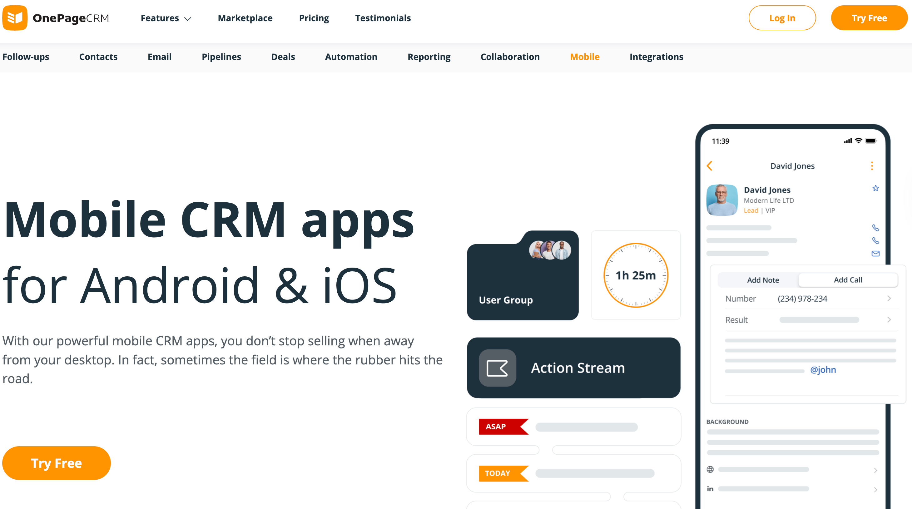 A screenshot of OnePageCRM’s website. 