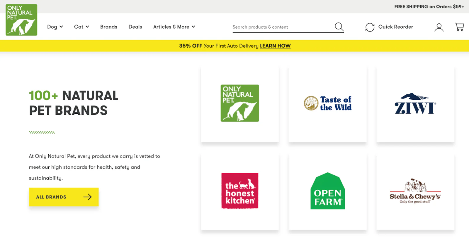 Screenshot of Only Natural Pet’s homepage featuring natural pet brands they carry.