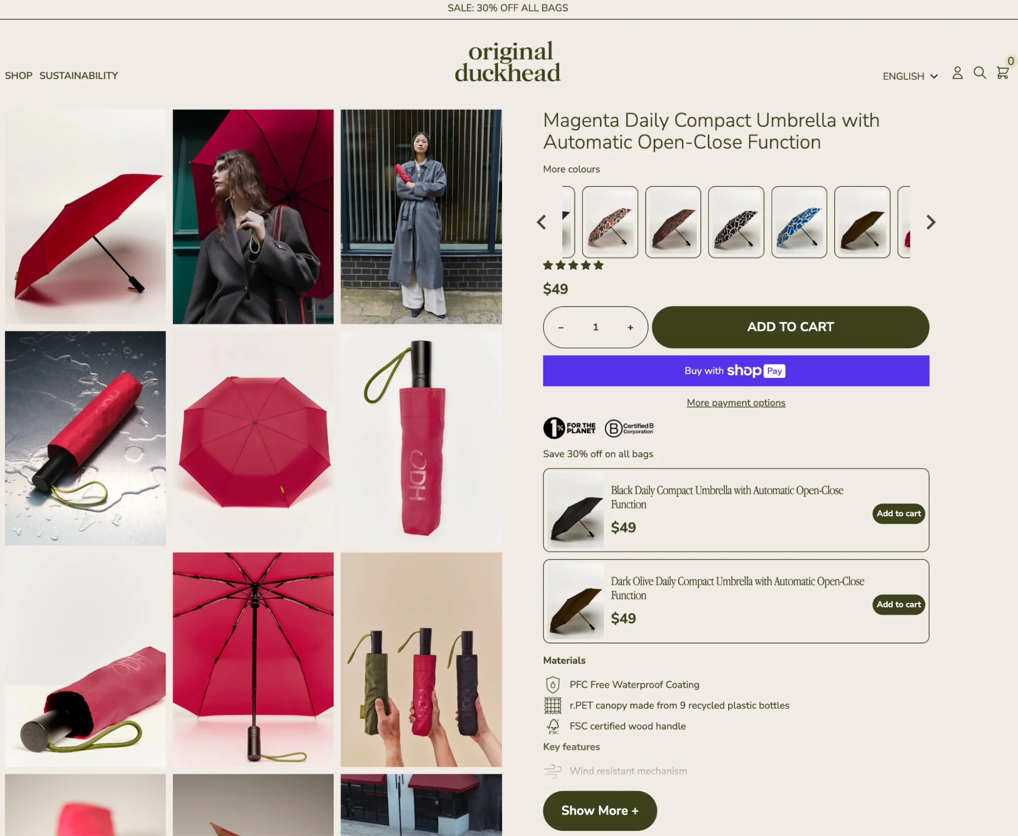 Product page for magenta compact umbrella with automatic open-close function.