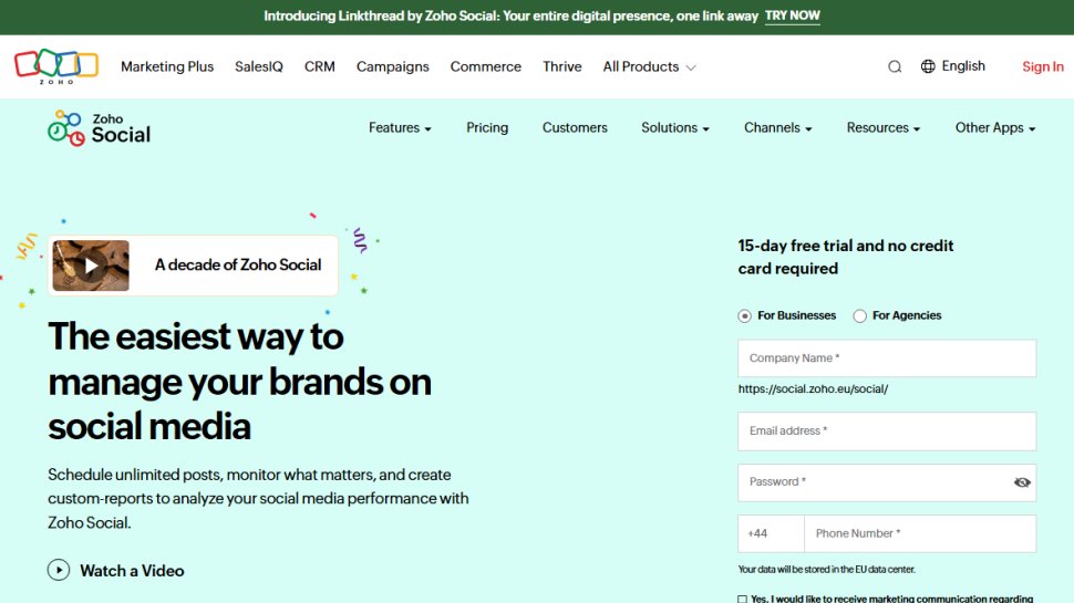 Website screenshot of Zoho Social (November, 2025)