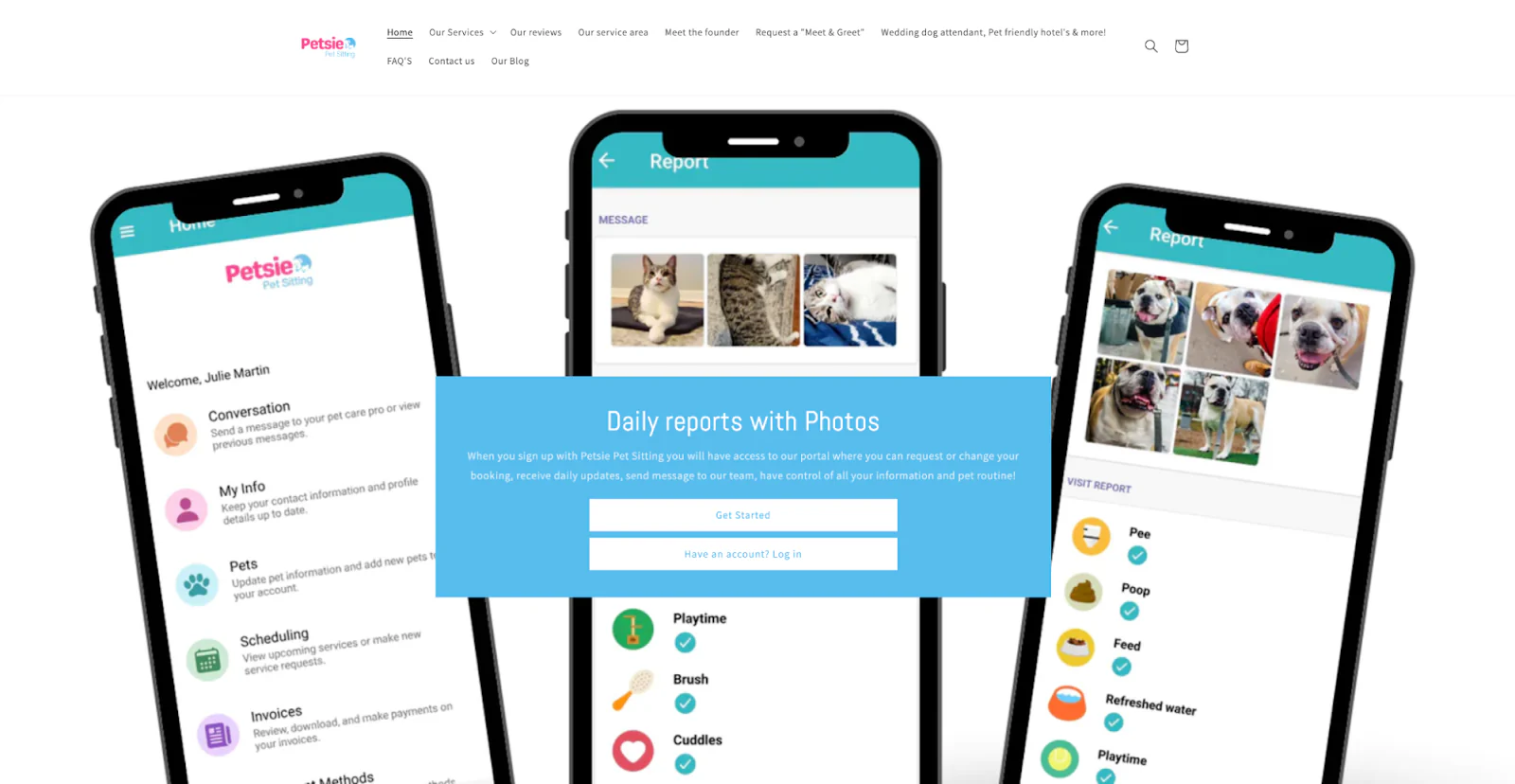 Three screenshots of pet sitting company Petsie’s mobile interface, featuring online booking and updates on pet activity.