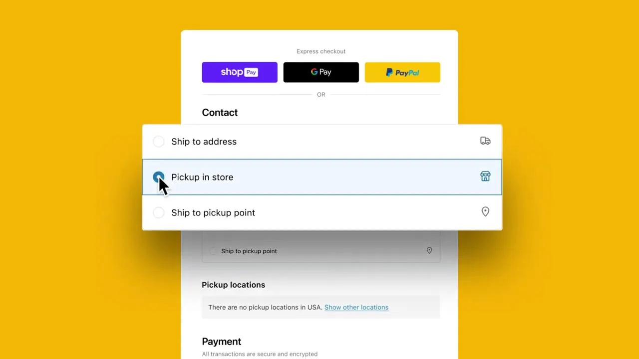Shopify checkout form with “Pickup in-store” checked as the delivery option.