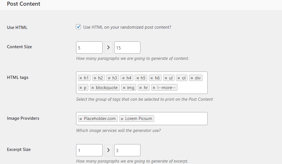 Post content settings in FakerPress.