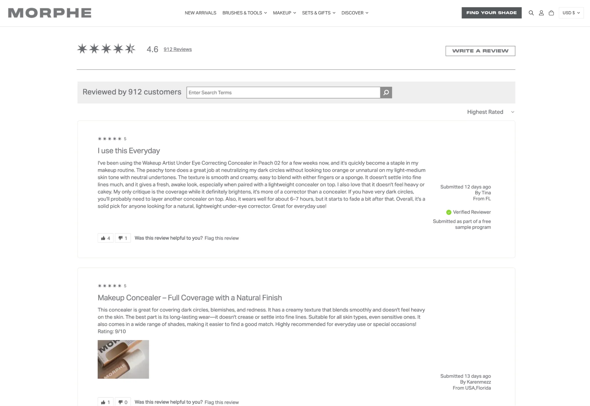 Customer reviews section for Morphe concealer with star ratings.