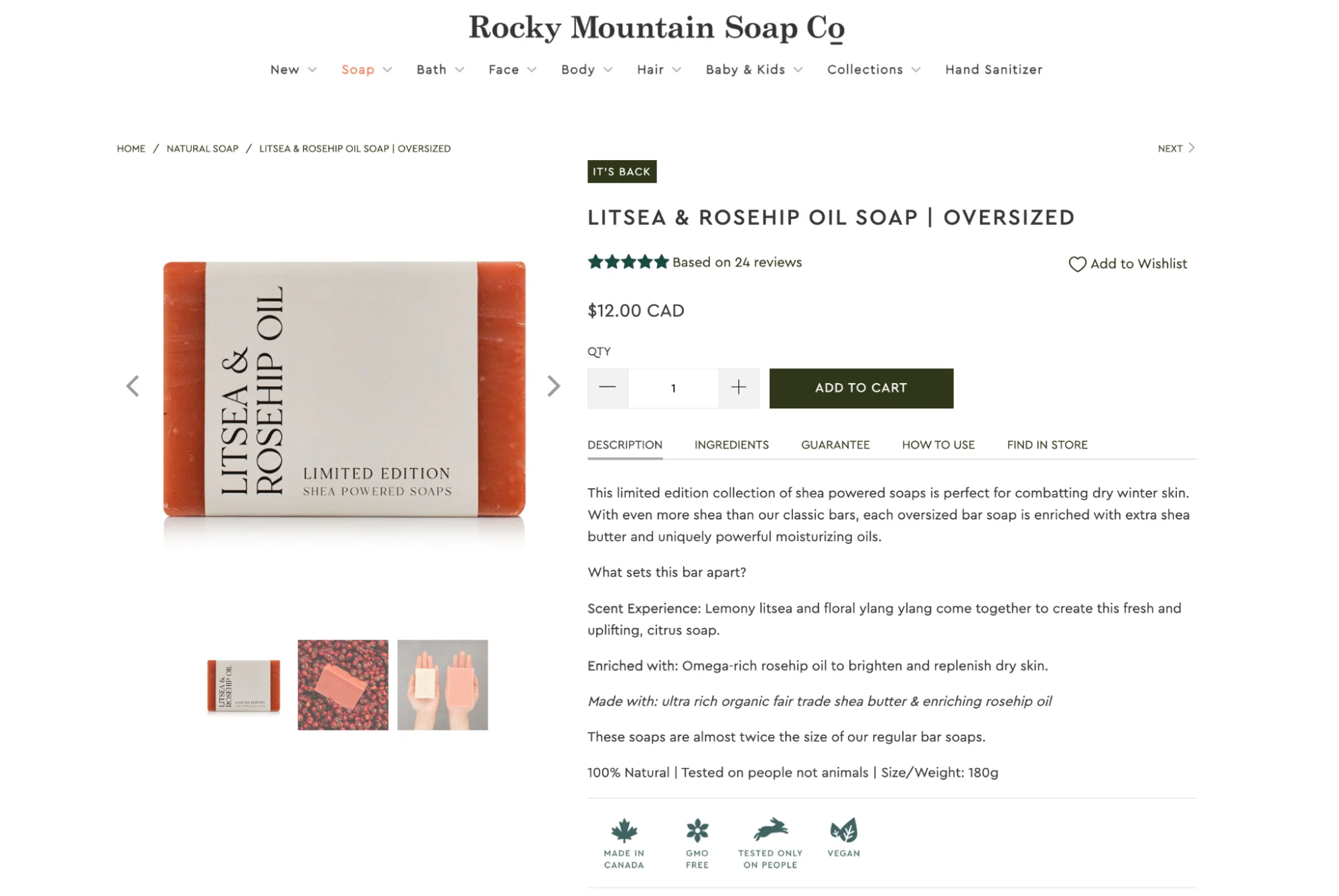 Rocky Mountain litsea and rosehip oil soap product page highlights the 100% natural ingredients.