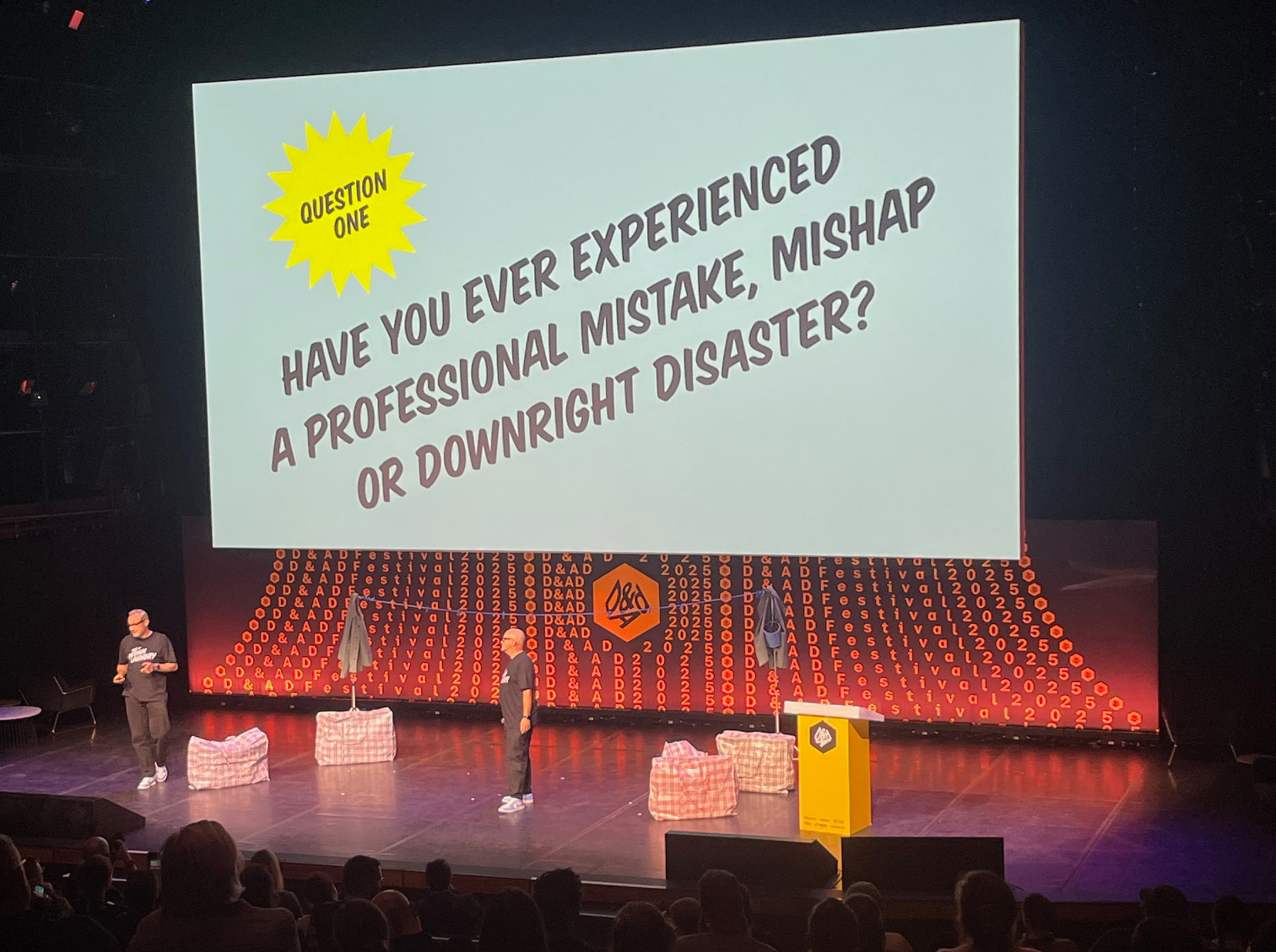 Baxter &amp; Bailey talk at D&amp;AD - two men and a screen that says have you ever experienced a professional mistake mishap or downright disaster?