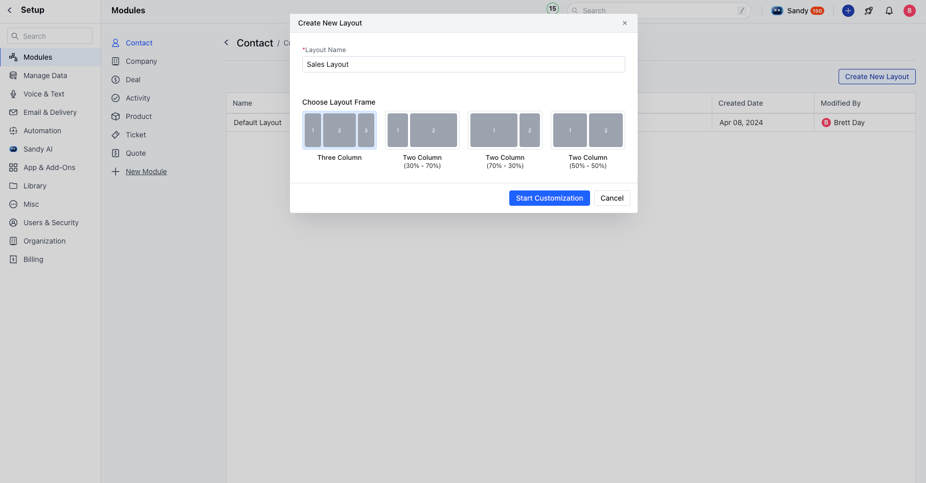 A screenshot of the customization tool in Salesmate.