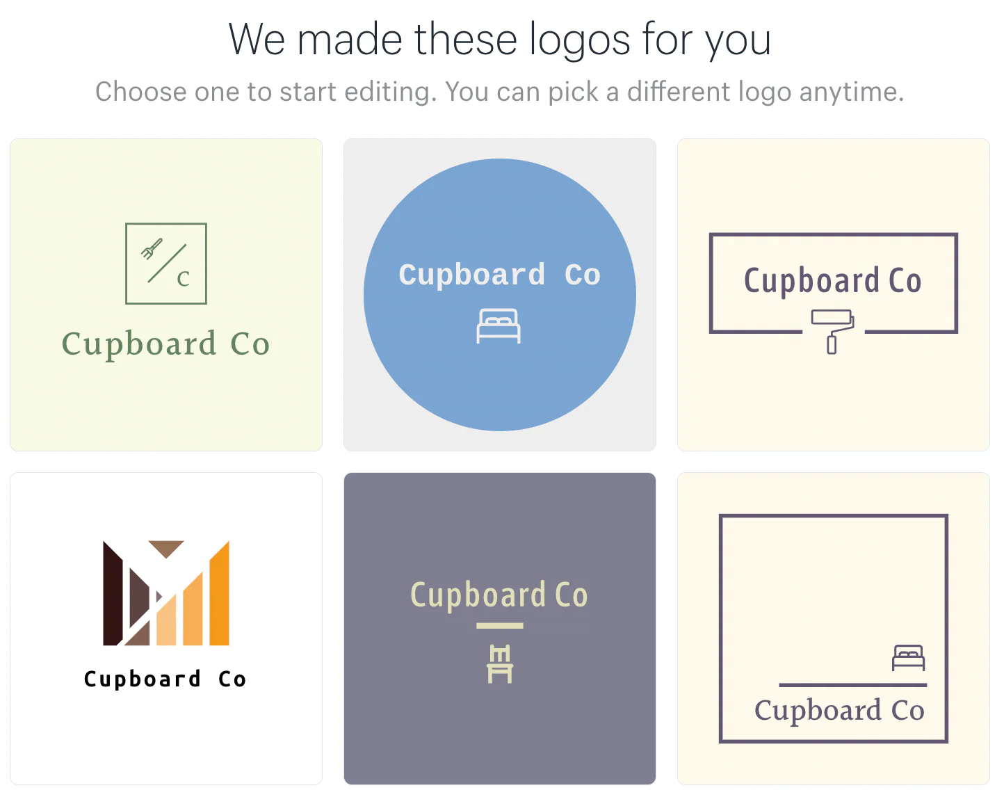 A design tool interface displaying a selected logo for ’Cupboard Co.’” class=