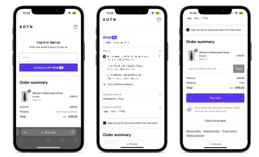 Three side by side mobile screens showing Shop Pay checkout flow