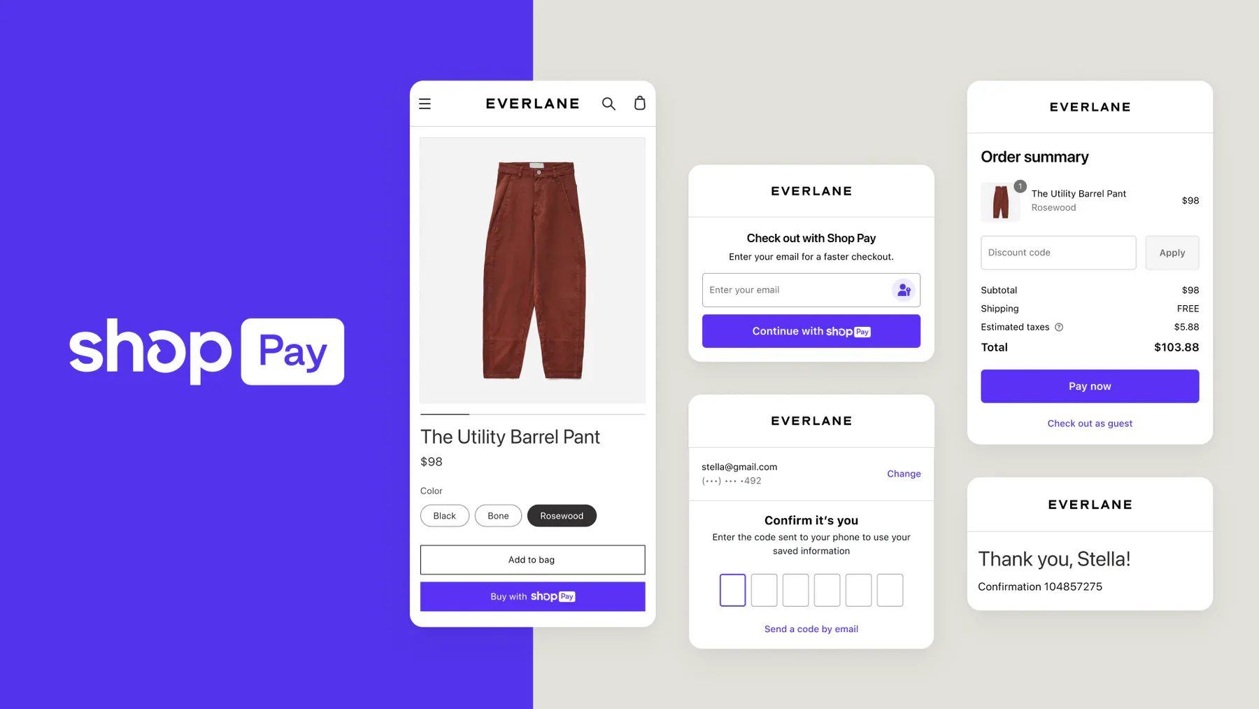 Shop Pay checkout on Everlane’s website, showing the checkout flow for a pair of red barrel pants.