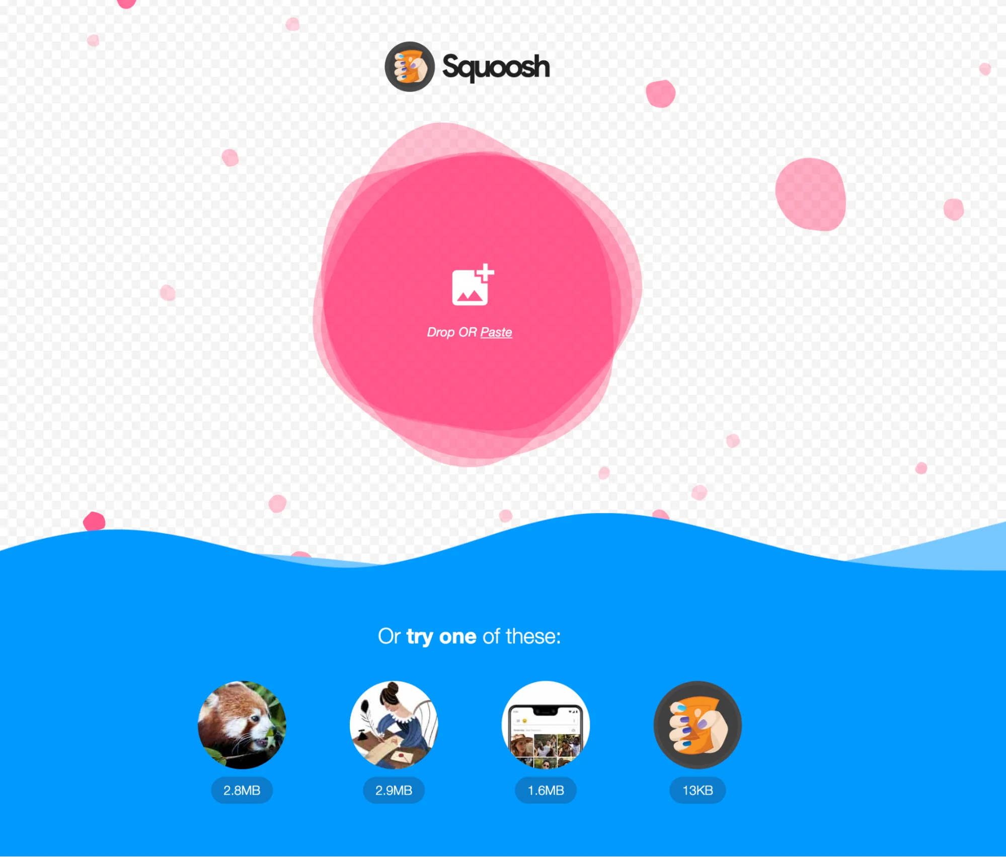 Squoosh image compression tool interface with a pink drop zone and blue wave design.