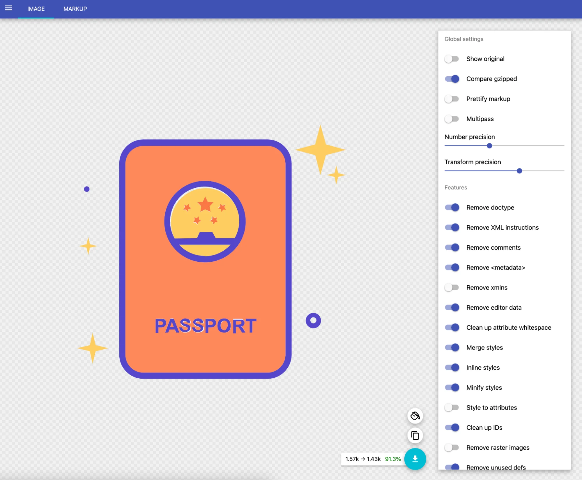 SVGOMG SVG optimization tool interface with an orange passport icon and editing options.