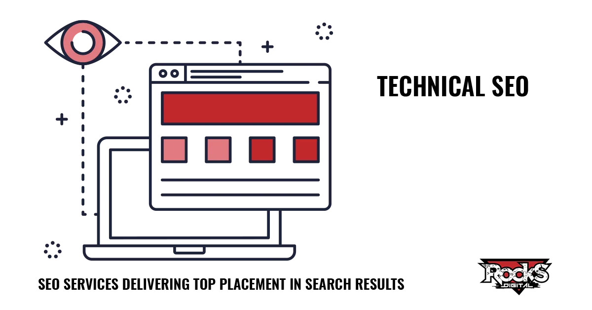 Technical SEO graphic with a laptop, a browser window, and an eye icon, symbolizing website visibility and optimization with Rocks Digital marketing agency services.