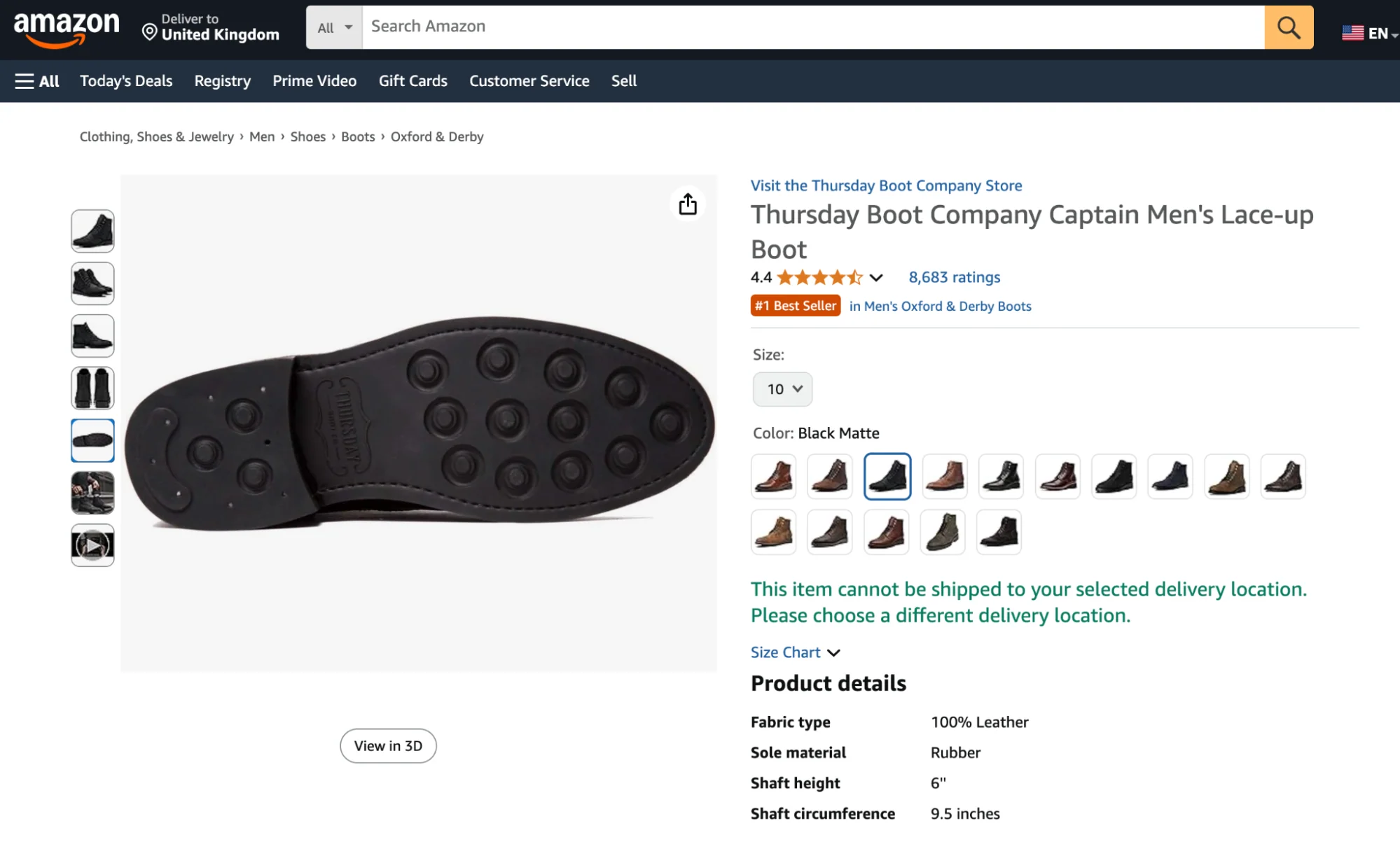 Amazon product listing for a black lace-up boot sold by Thursday Boot Company.