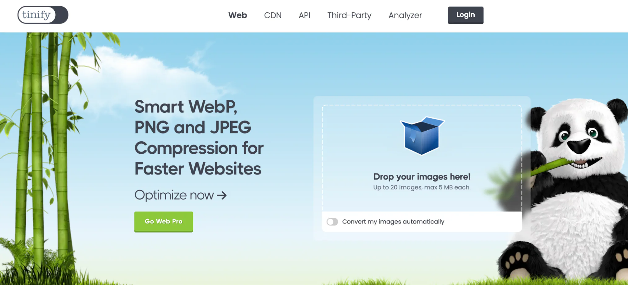 TinyPNG homepage with a panda and a file upload area for image compression.