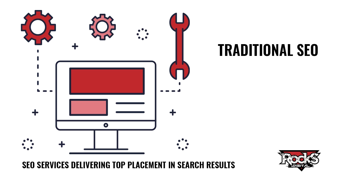 Traditional SEO graphic with a computer monitor and tools representing website optimization provided by Rocks Digitals expert digital marketing solutions.