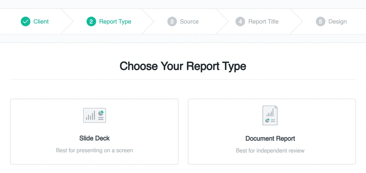 Choosing between a slide deck or document report type in AgencyAnalytics