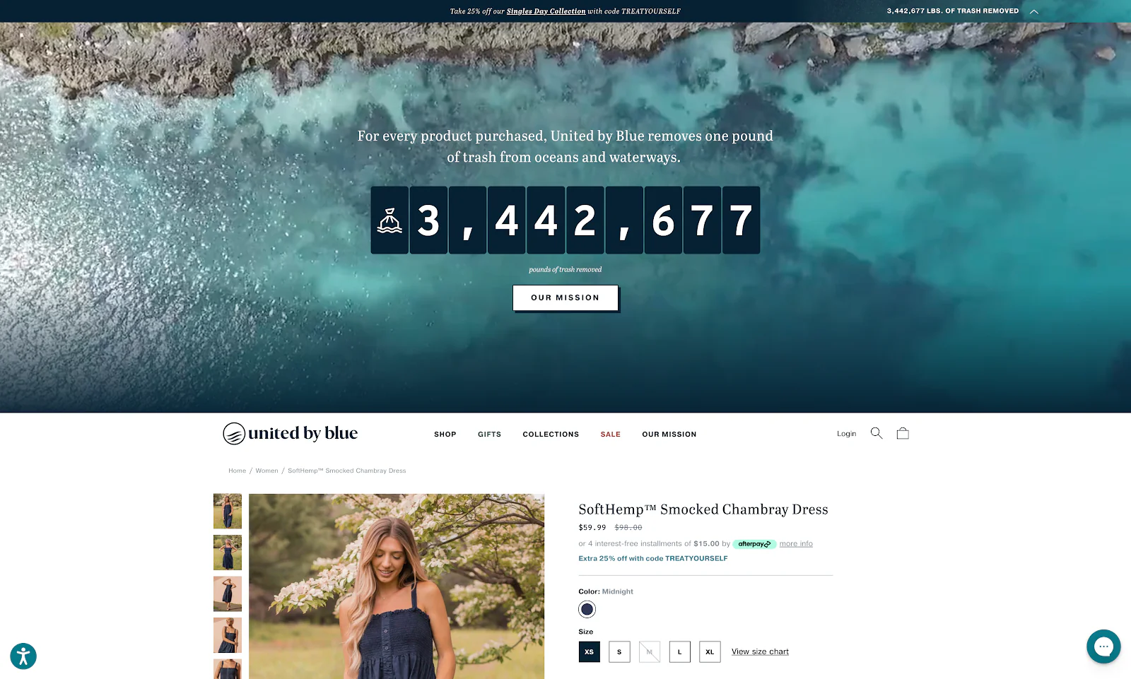 United By Blue centers a large hero banner with a live counter on top of its product page.