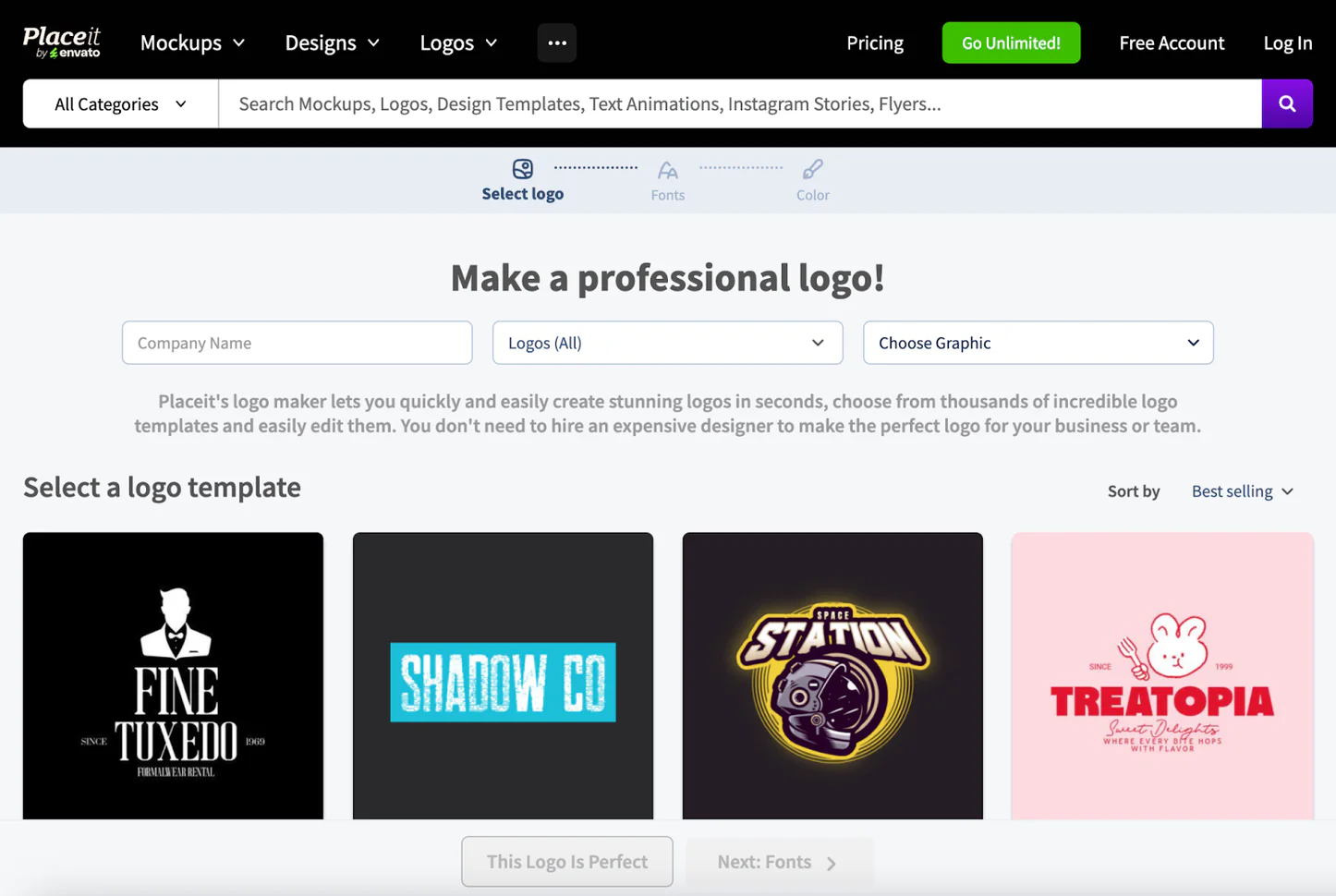 Placeit Logo Maker page with logo templates and customization options