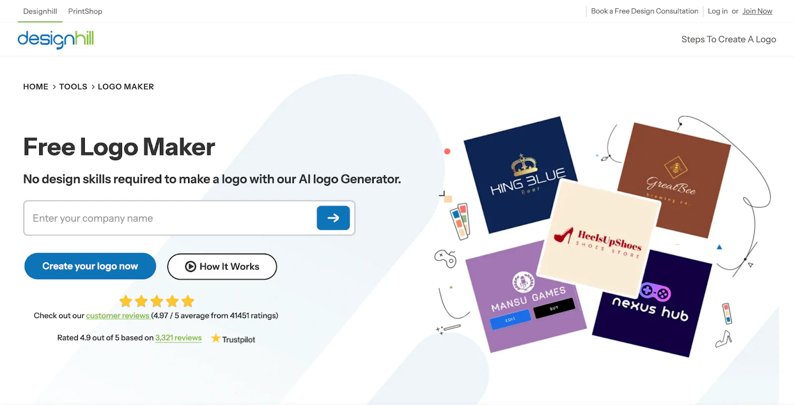 Designhill’s Free Logo Maker page with sample logos and ratings.