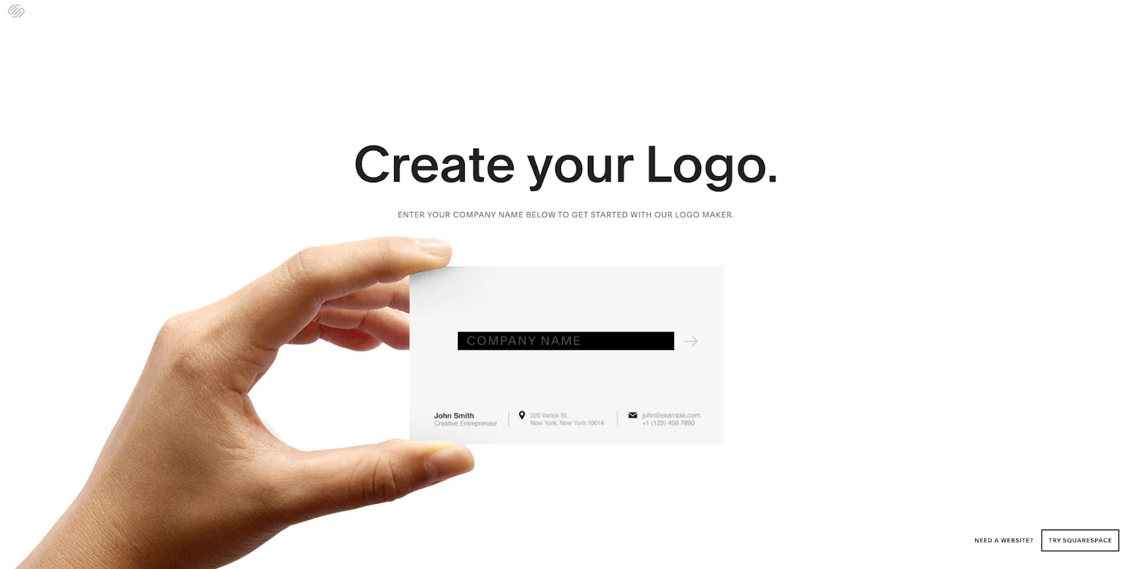 Squarespace Logo Maker homepage with business card mockup.