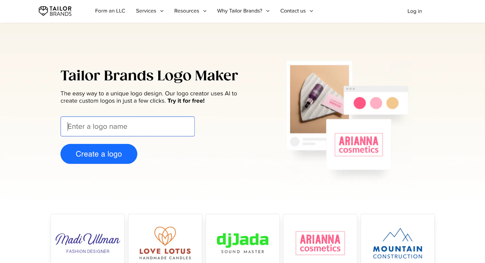 Tailor Brands Logo Maker homepage with sample logos.