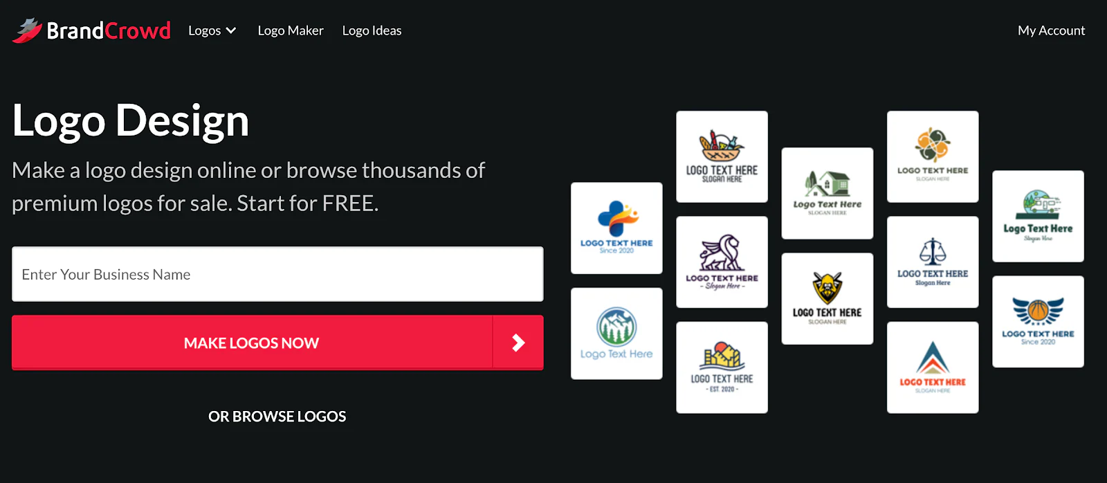 BrandCrowd Logo Design page with sample logos on dark background.