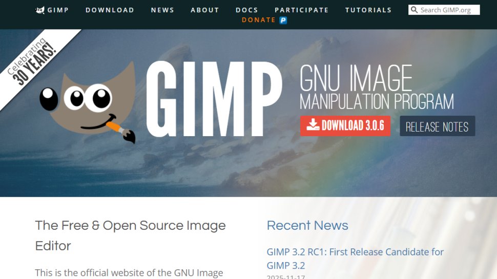 Website screenshot of GIMP (December, 2025)