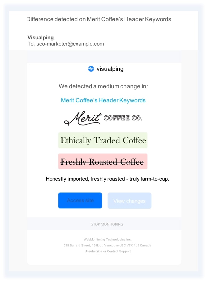 VisualPing’s email alert shows a change in website header keywords to catch real-time messaging shifts.