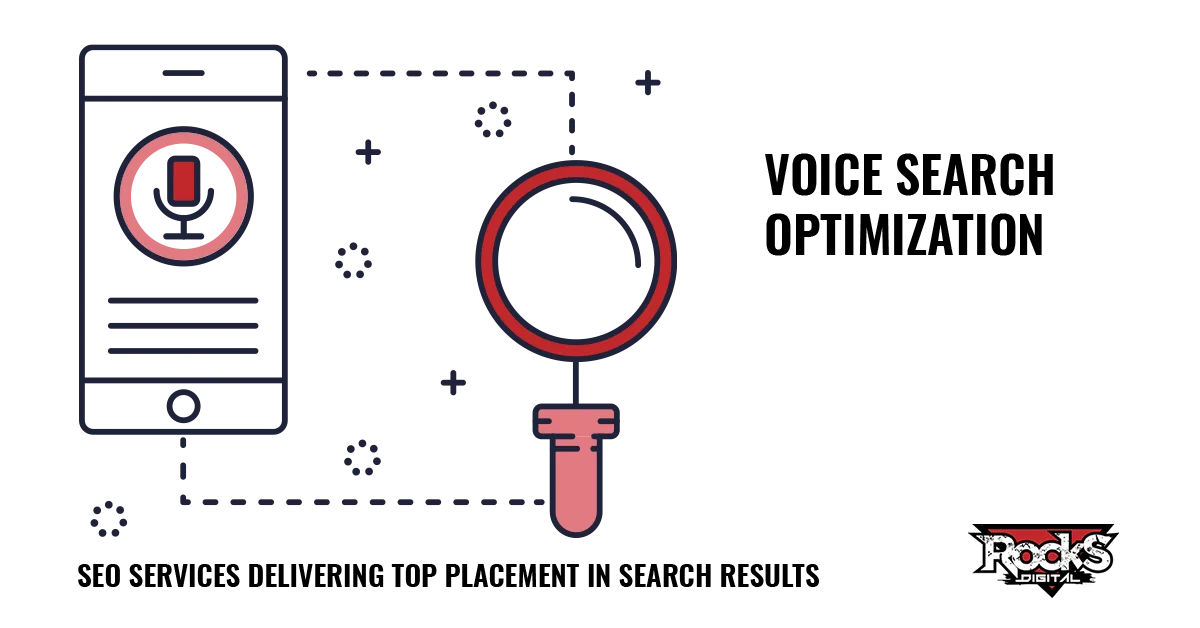 Voice search optimization graphic featuring a smartphone with a voice search icon and a magnifying glass highlighting why optimizing for voice search matters with expert strategies from Rocks Digital.