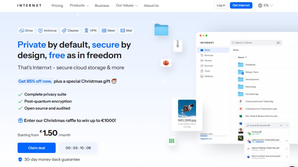 Website screenshot of Internxt (December, 2025)