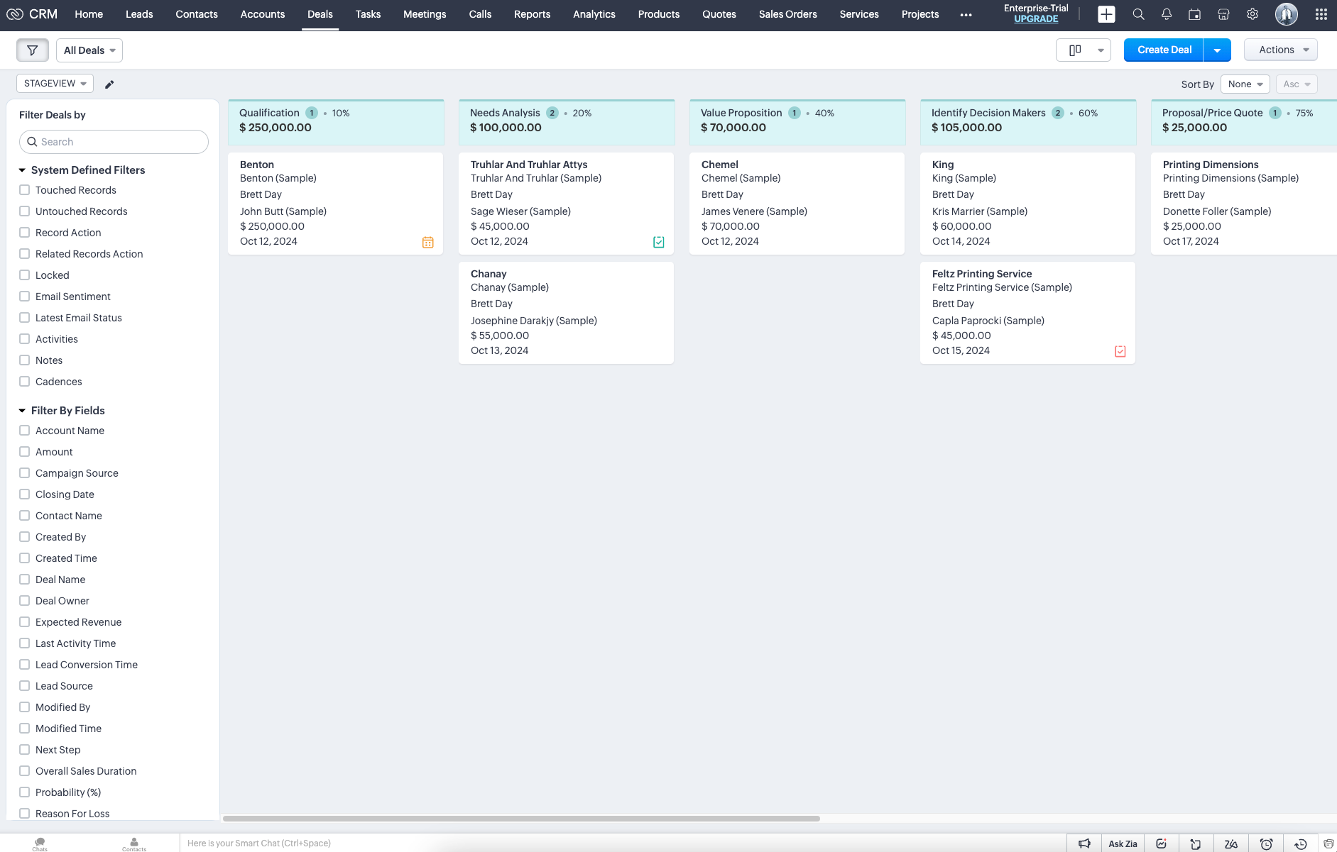 A screenshot of a deal board in Zoho CRM.