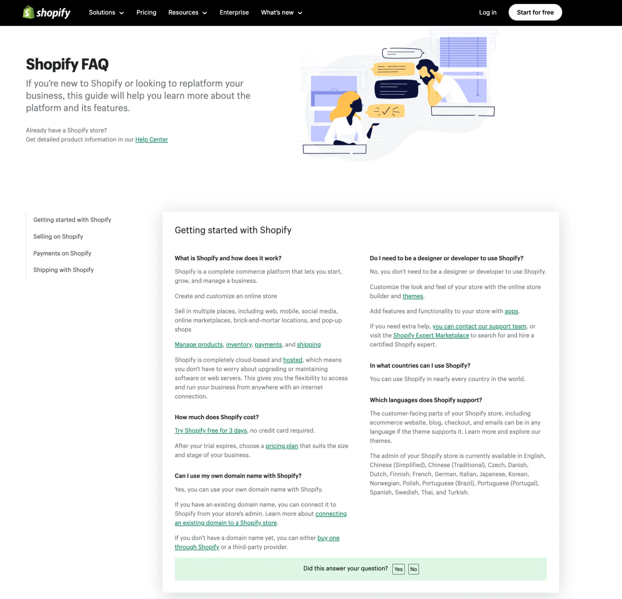 The Shopify FAQ page with a side menu and detailed answers about getting started.
