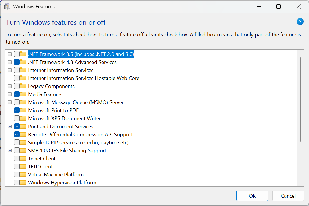 Turn off Windows features in Control Panel