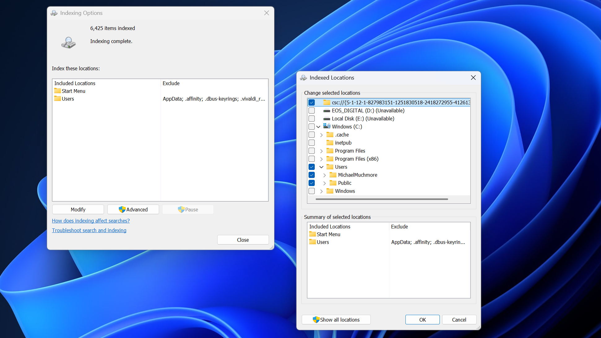 Search Indexing options