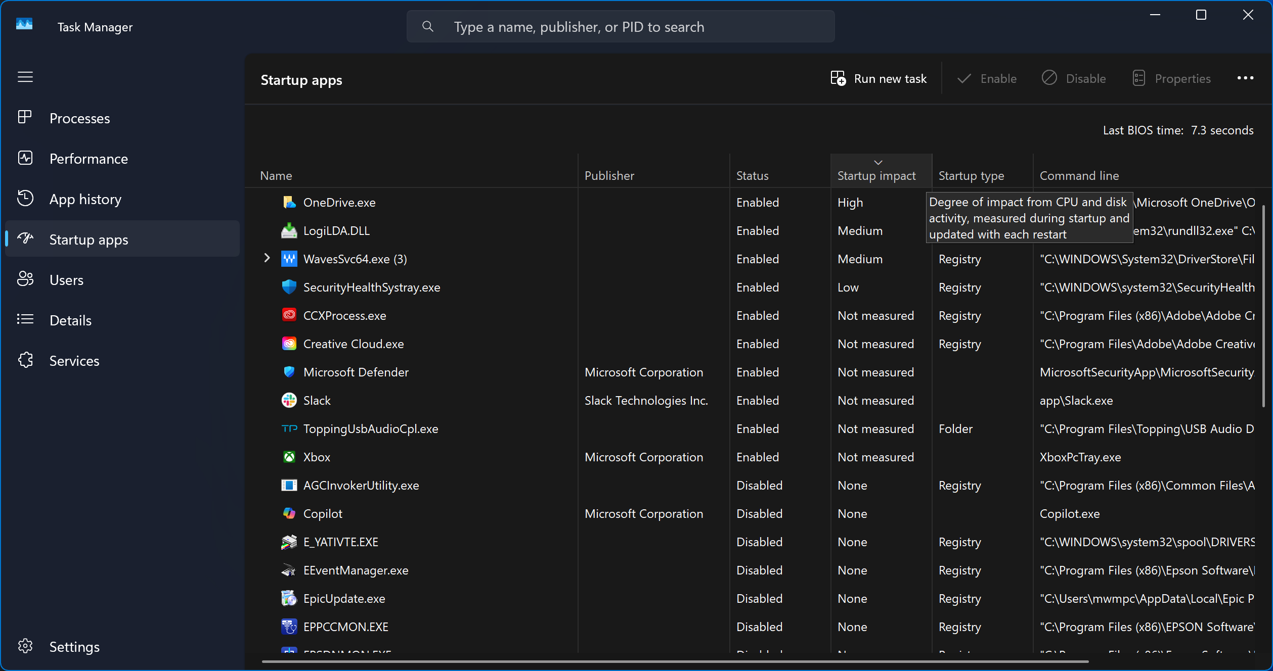 Startup apps in Windows Task Manager