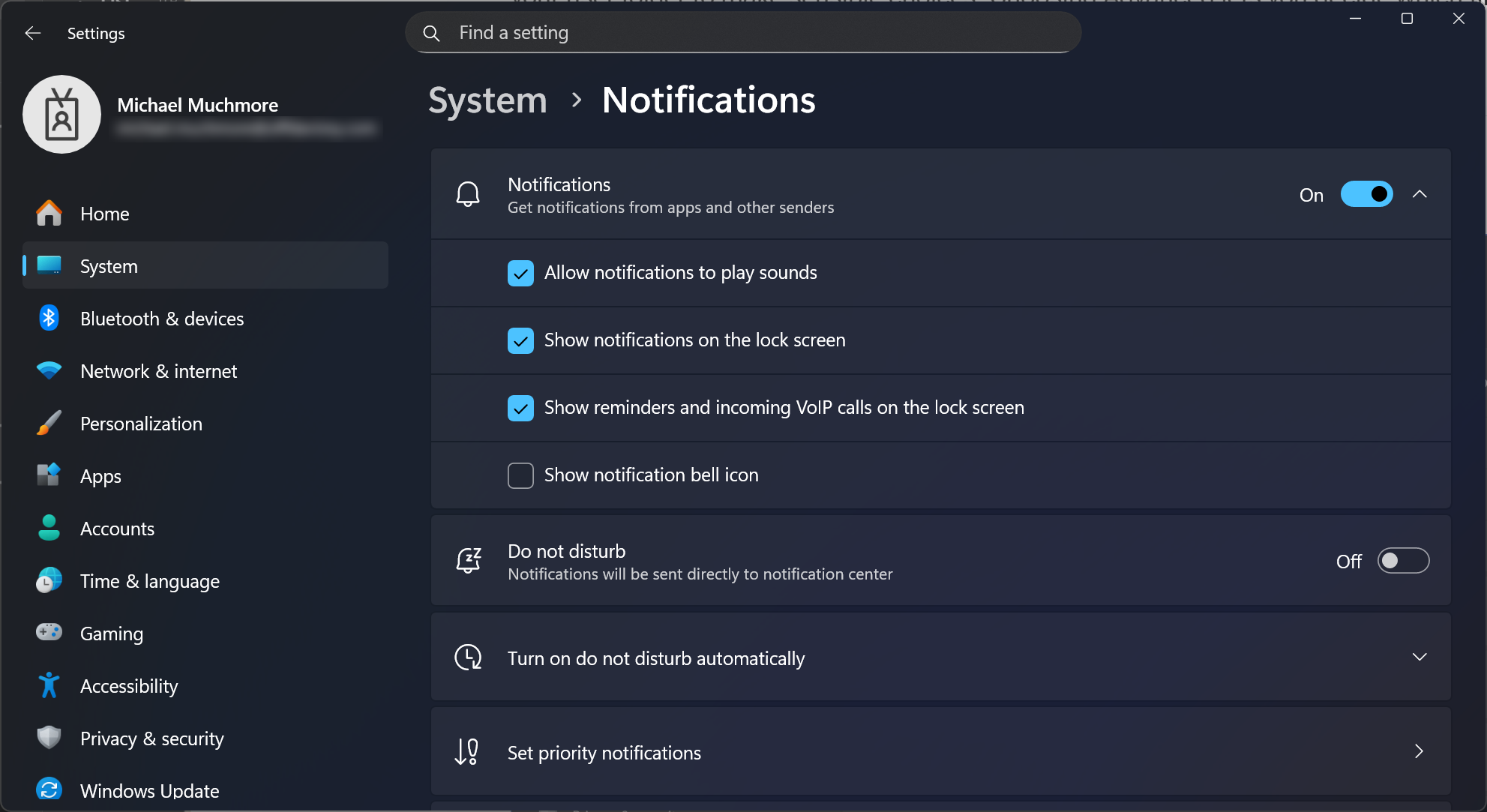 Notification settings in Windows 11