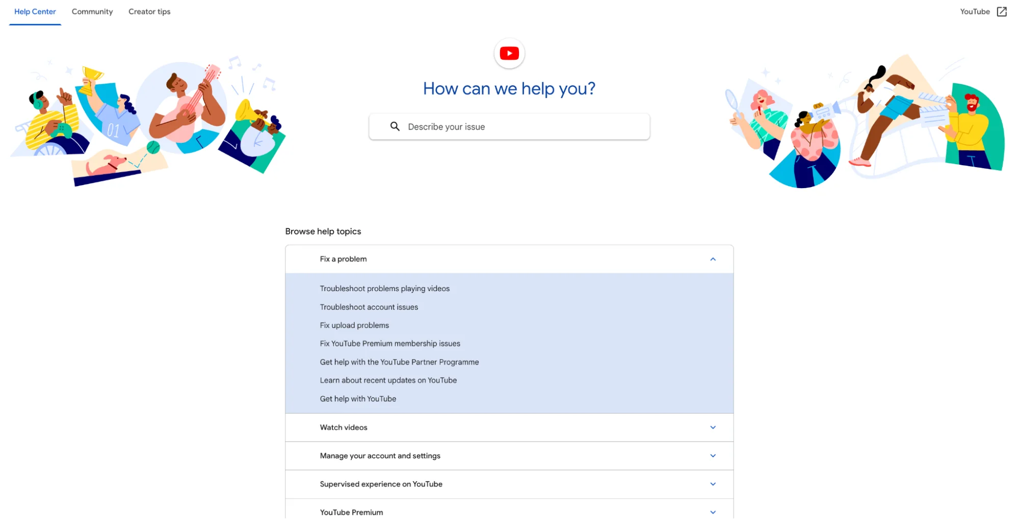 The YouTube Help Center page, with a search bar and a list of browsable help topics.