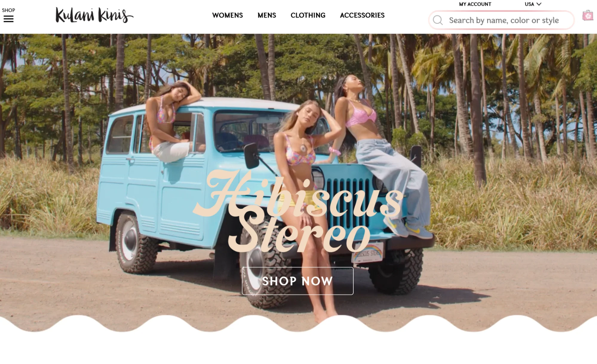 Three women in bikinis posing with a blue vintage jeep for the Hibiscus Stereo collection.