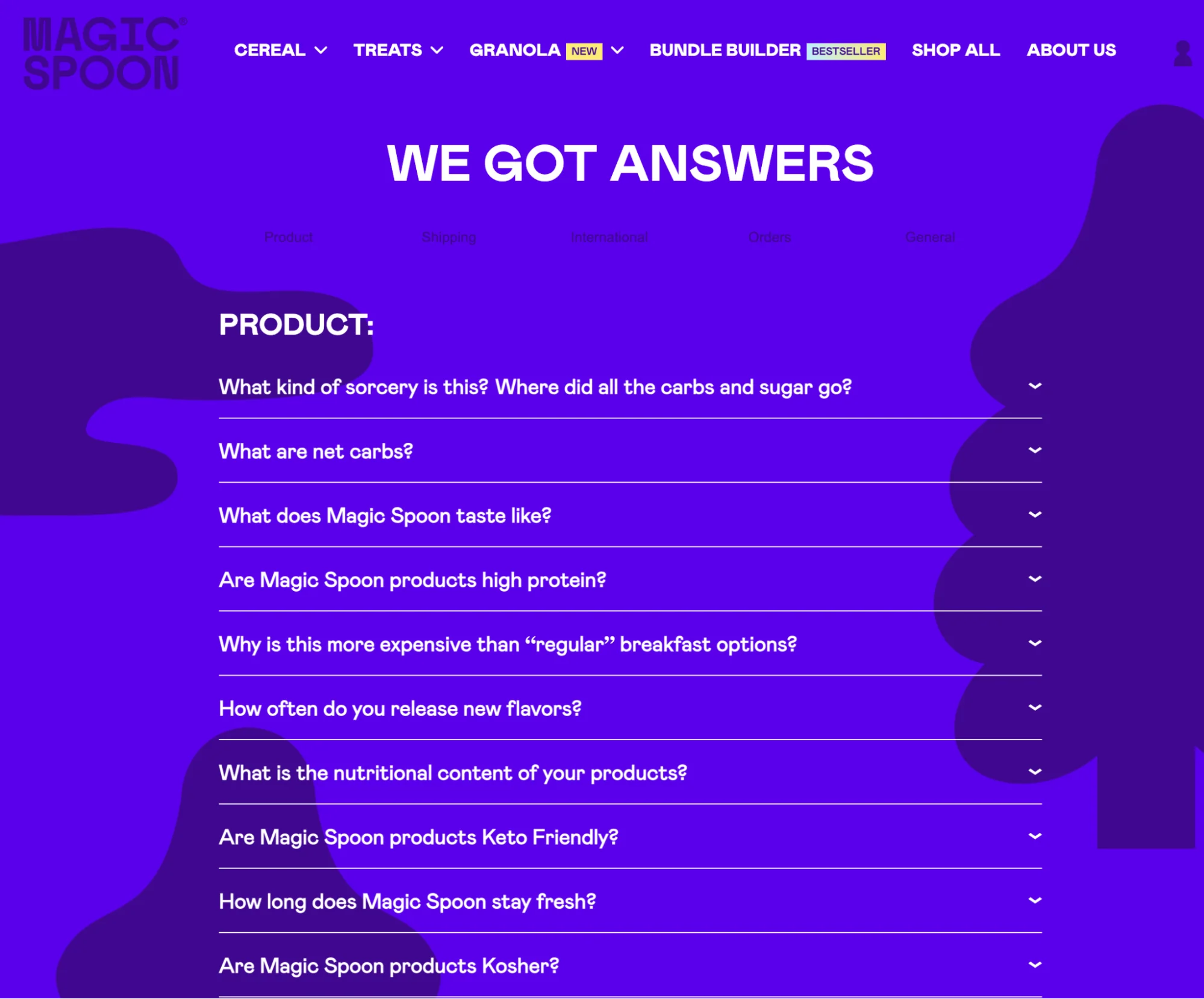 The vibrant purple FAQ page for Magic Spoon with questions about their cereal products.