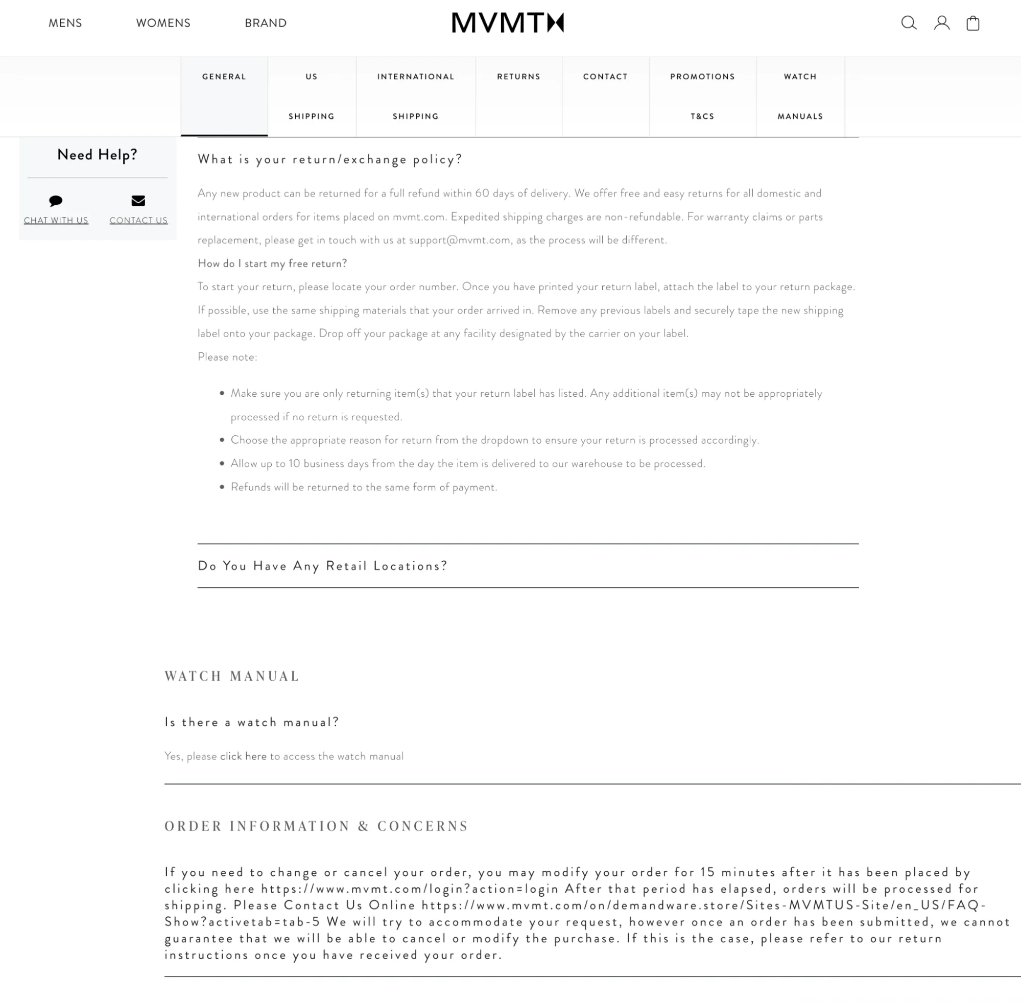 The MVMT customer support page with detailed information on their return policy.