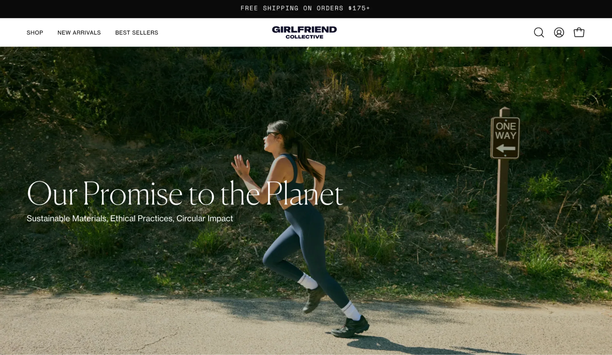Woman running on a nature road with text overlay: Our Promise to the Planet.