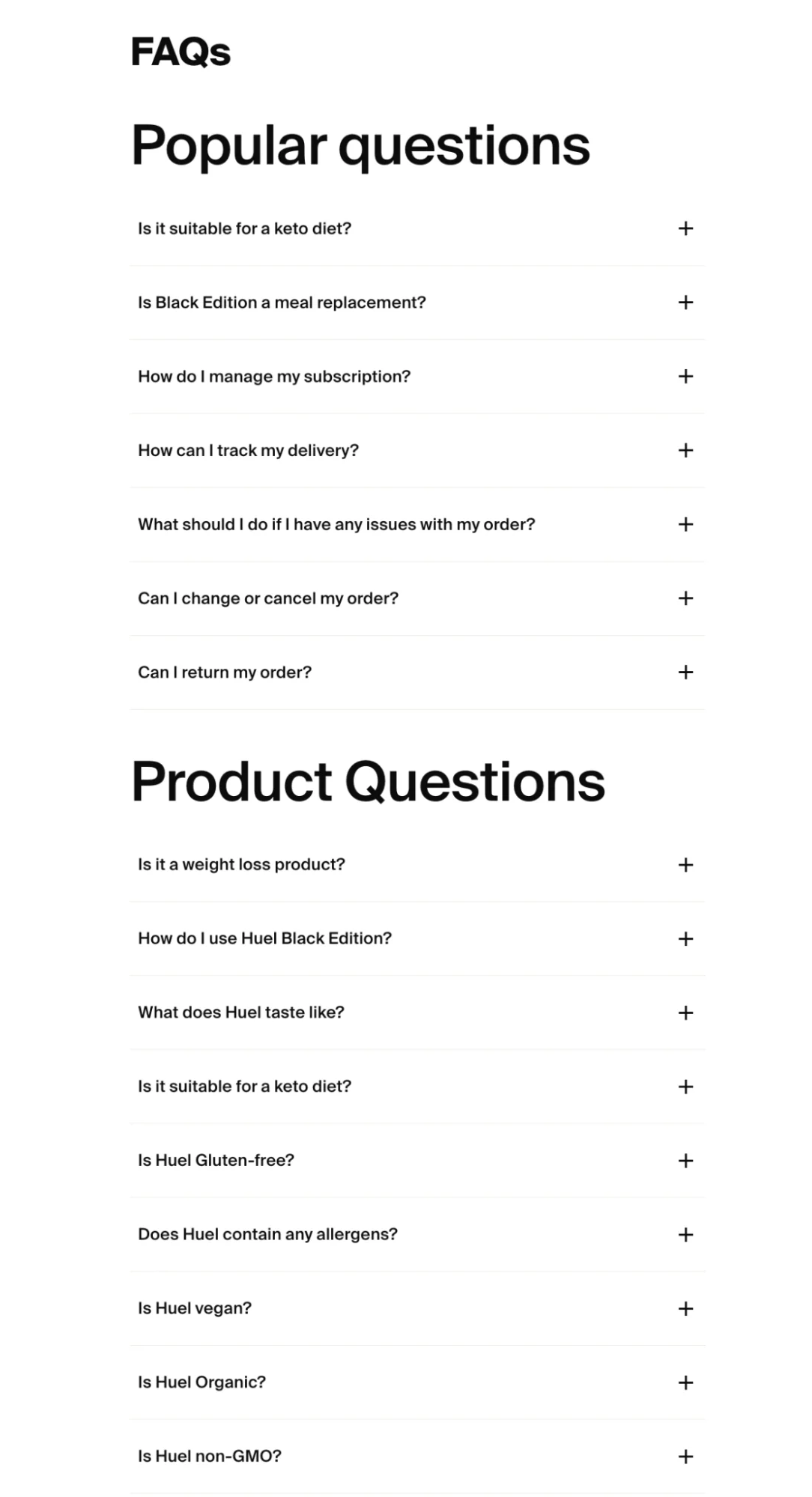 The FAQ page for Huel, with sections for popular questions and product questions.