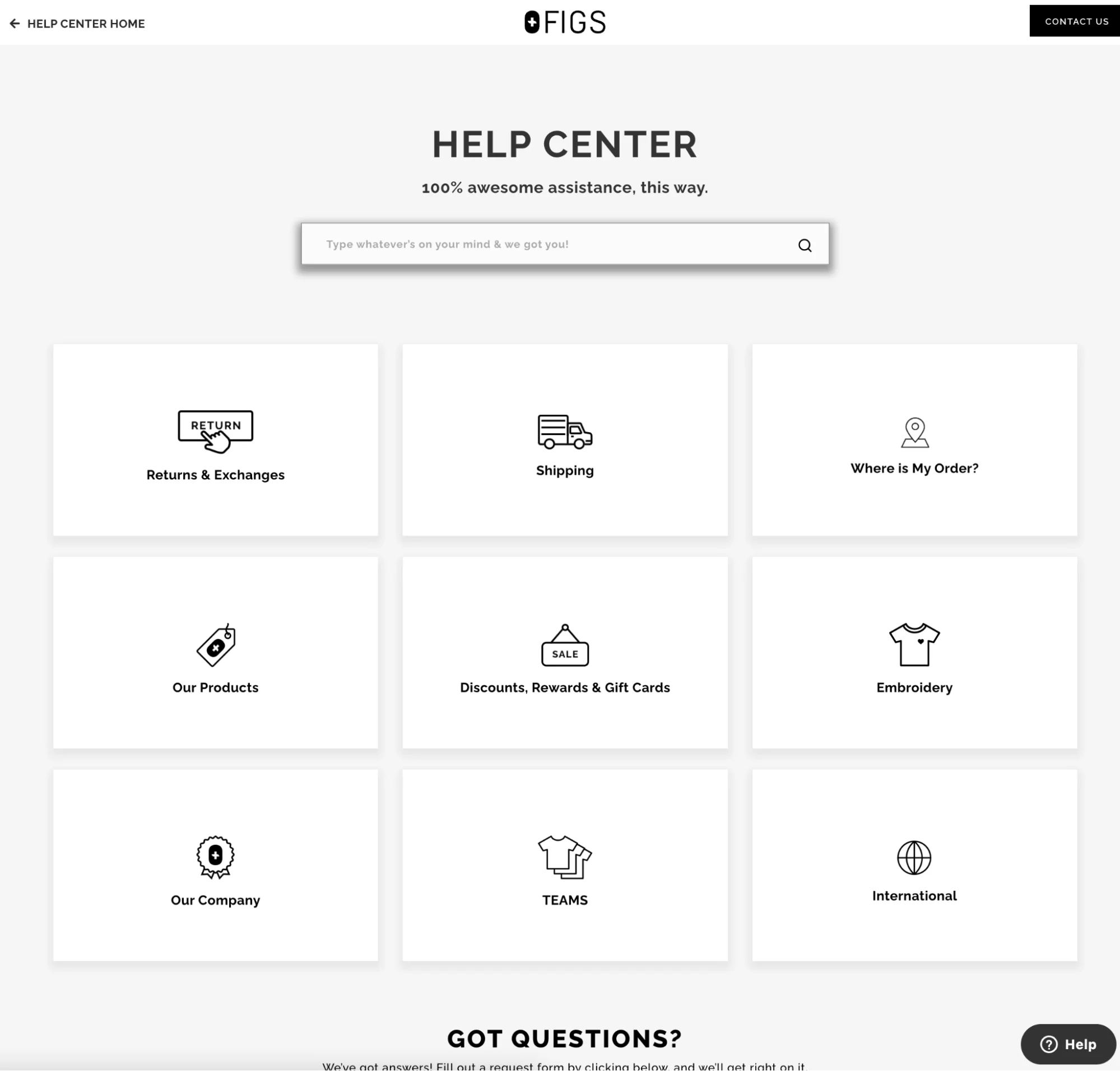 The FIGS Help Center with a search bar and a grid of icon-based support topics.