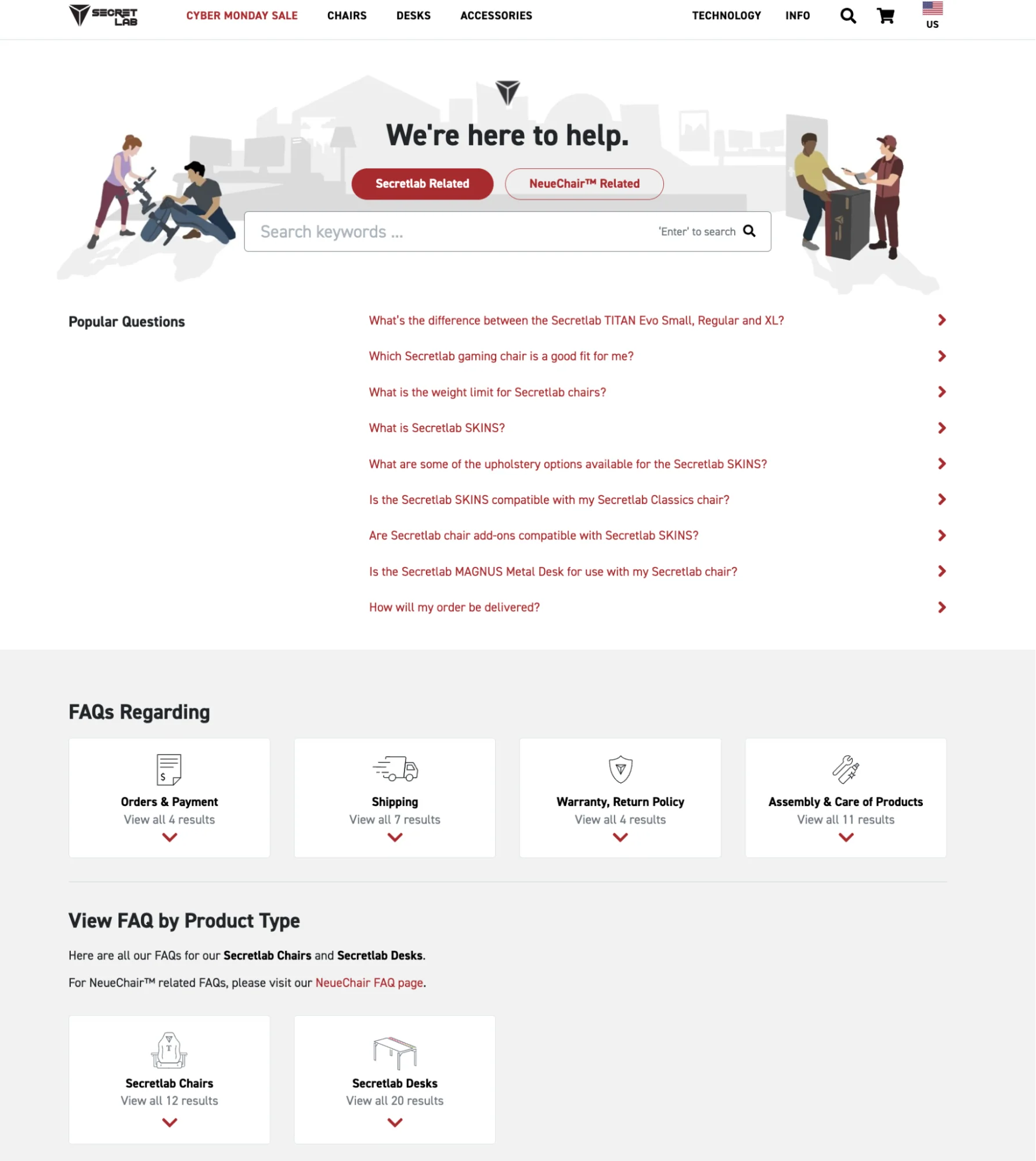 The Secretlab support hub with a search bar, popular questions, and FAQ categories.