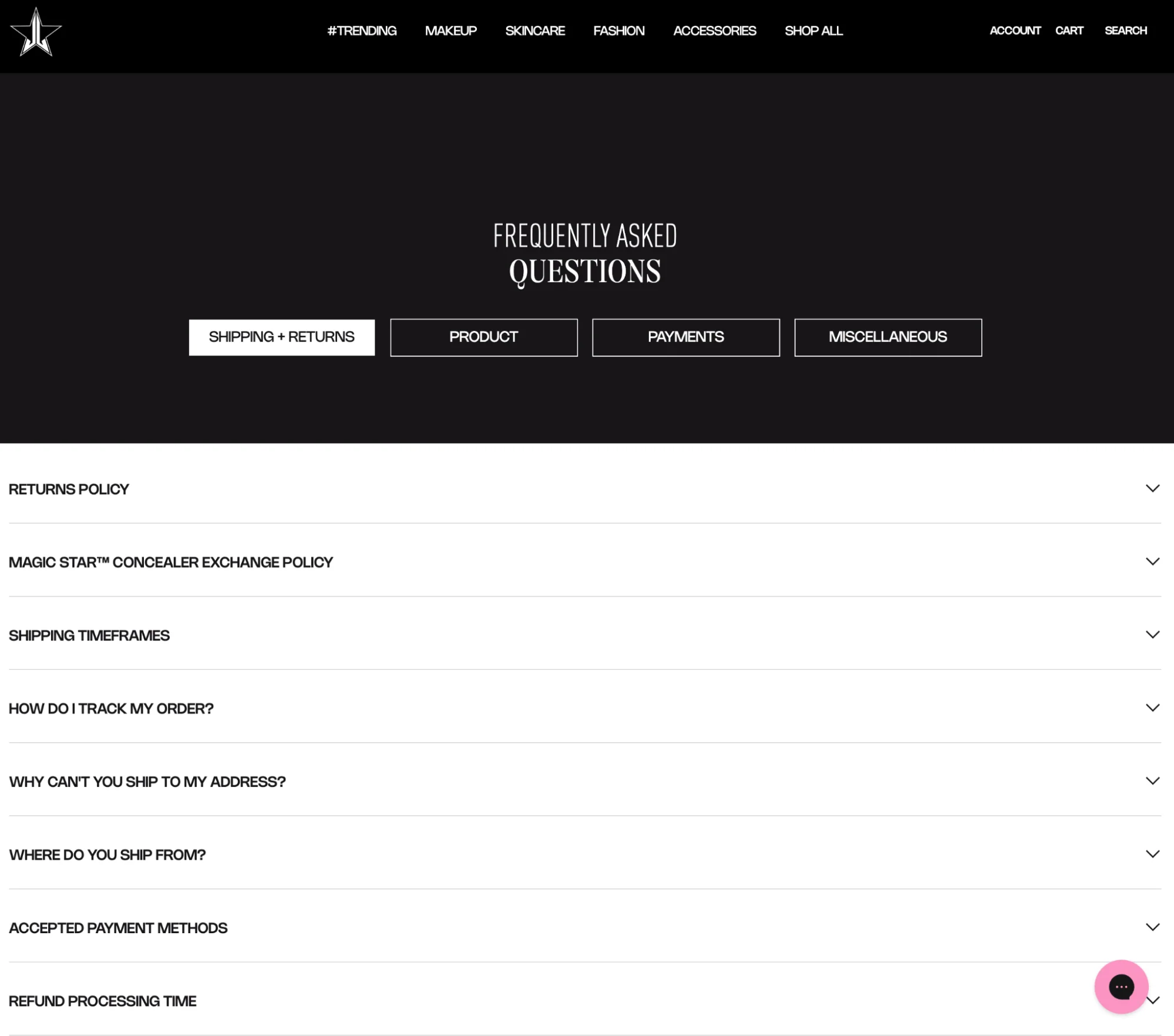 The FAQ page for Jeffree Star Cosmetics, showing the "Shipping + Returns" category.