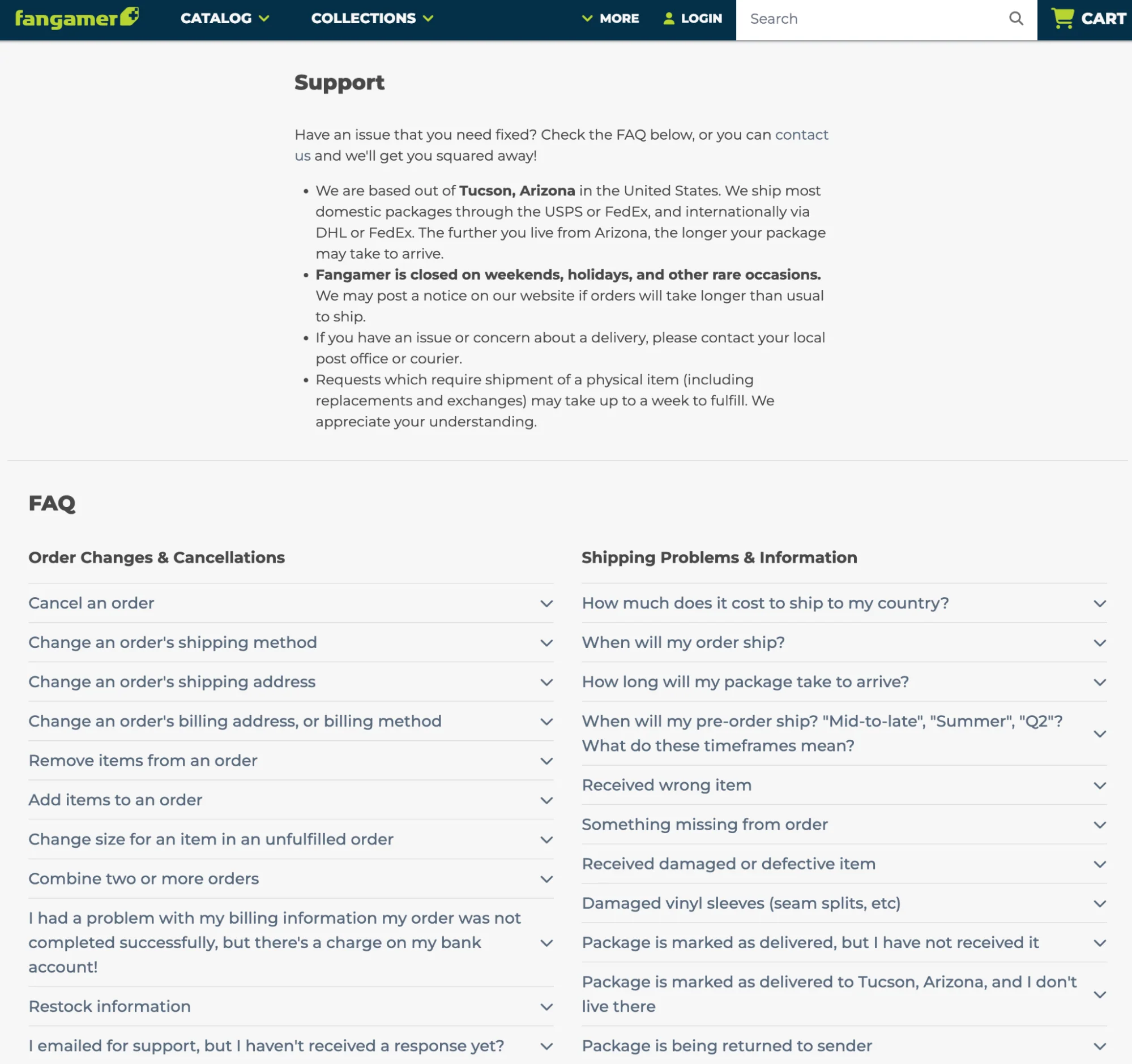 The Fangamer support page with FAQs for order changes and shipping problems.