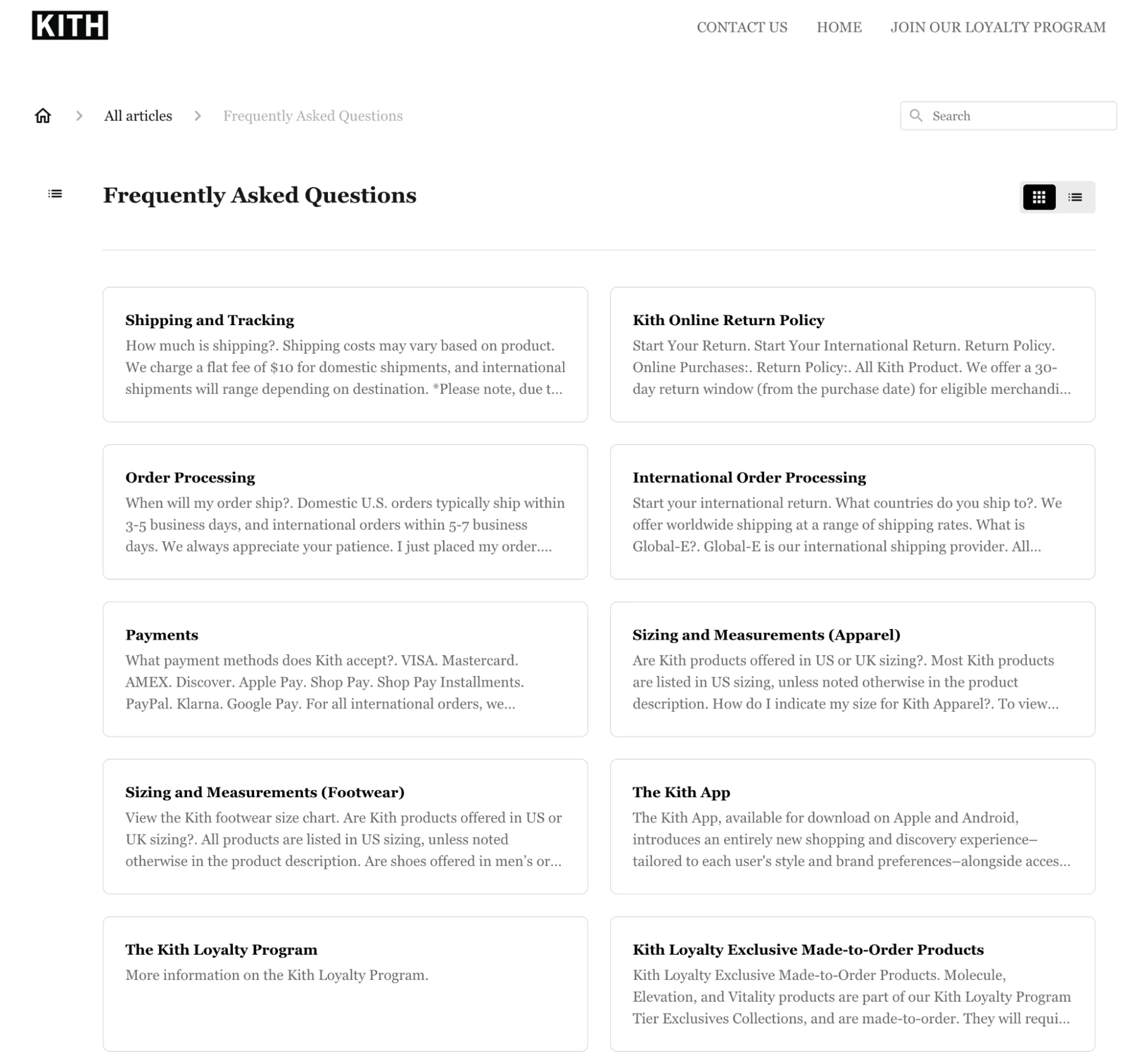 The KITH FAQ page with a grid of topics like shipping, returns, and payments.